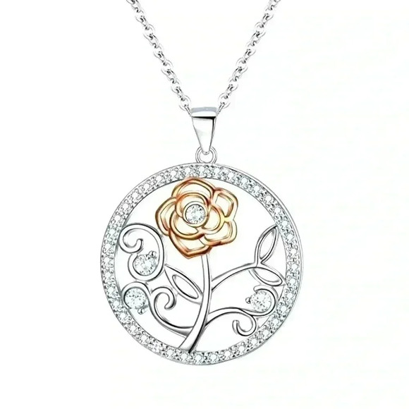 Jewelry - New Gorgeous 925 Silver Diamond Rose Necklace